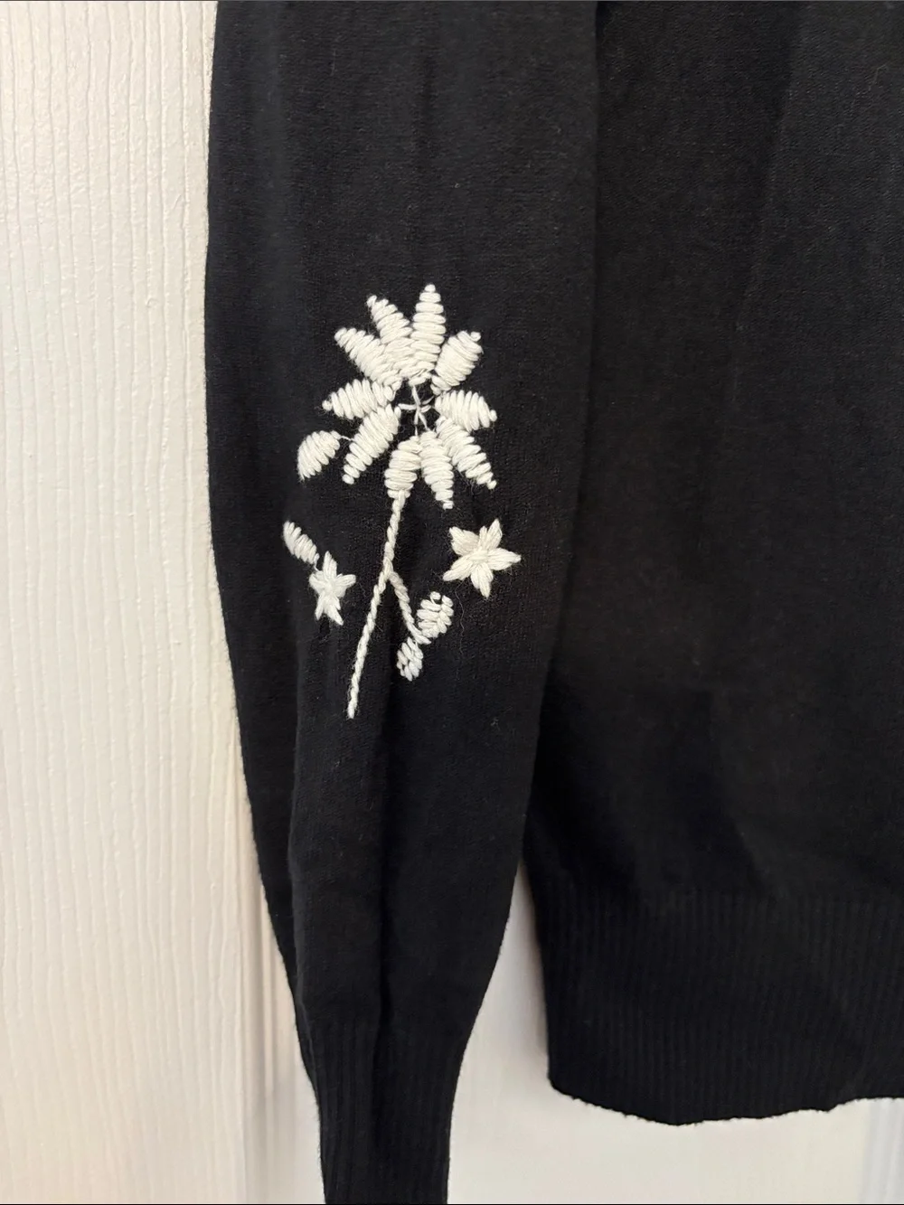 Aaeda Black Crewneck Sweater with White Embroidered Peter Pan Collar